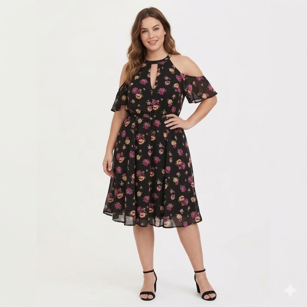 Torrid Floral Dress Sz 12 Black‎ Keyhole Chiffon Cottagecore Peasant Event Dress